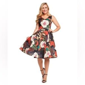 Eva Rose Fit & Flare V-Neck Front & Back Full Skirt Dress-Floral-Women Large